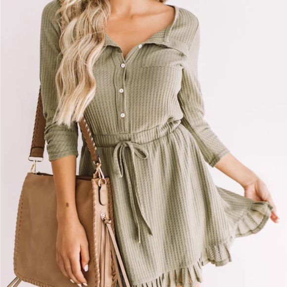 🎉HP 3X🎉Size Small Shop Impressions Sage Green Waffle Dress Tie Waist - Picture 3 of 6